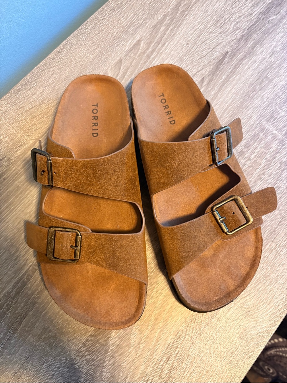 torrid nwot tan suede-like double buckle slides